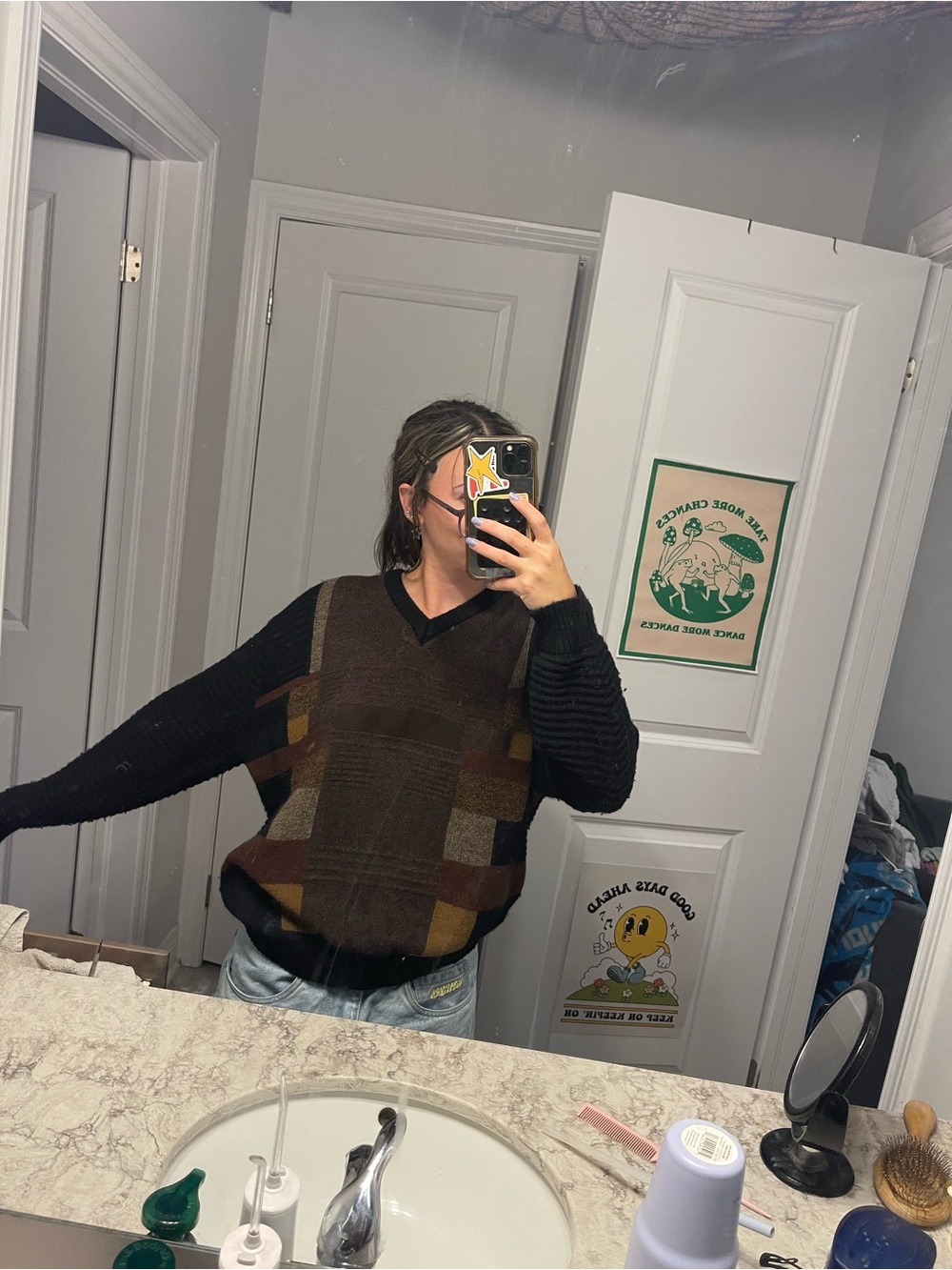 Patchwork V-Neck Sweater Vest in Brown and Black